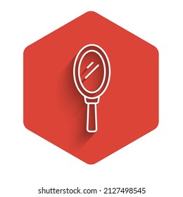White line Hand mirror icon isolated with long shadow background. Red hexagon button. Vector