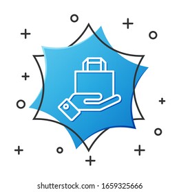 White line Hand and paper shopping bag icon isolated on white background. Package sign. Blue hexagon button. Vector Illustration