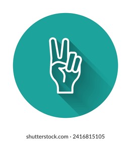 White line Hand showing two finger icon isolated with long shadow background. Hand gesture V sign for victory or peace. Green circle button. Vector