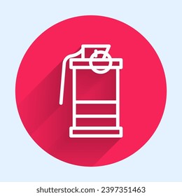 White line Hand smoke grenade icon isolated with long shadow. Bomb explosion. Red circle button. Vector