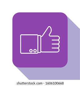 White line Hand thumb up icon isolated on white background. Purple square button. Vector Illustration