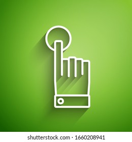 White line Hand touch and tap gesture icon isolated on green background. Click here, finger, touch, pointer, cursor, mouse symbol.  Vector Illustration
