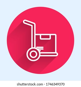 White line Hand truck and boxes icon isolated with long shadow. Dolly symbol. Red circle button. Vector Illustration