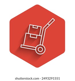 White line Hand truck and boxes icon isolated with long shadow background. Dolly symbol. Red hexagon button. Vector