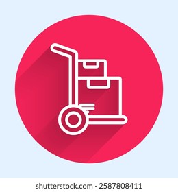 White line Hand truck and boxes icon isolated with long shadow. Dolly symbol. Red circle button. Vector Illustration