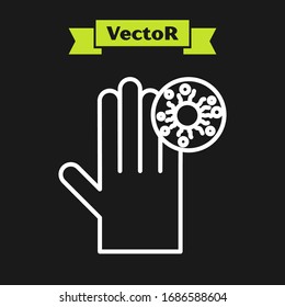 White line Hand with virus icon isolated on black background. Corona virus 2019-nCoV. Bacteria and germs, cell cancer, microbe, fungi.  Vector Illustration