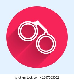 White line Handcuffs icon isolated with long shadow. Red circle button. Vector Illustration