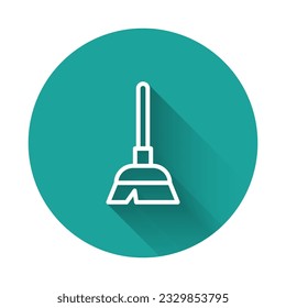White line Handle broom icon isolated with long shadow background. Cleaning service concept. Green circle button. Vector
