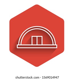 White line Hangar icon isolated with long shadow. Red hexagon button. Vector Illustration