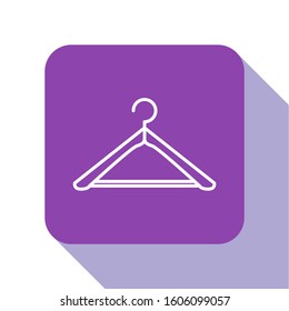 White line Hanger wardrobe icon isolated on white background. Cloakroom icon. Clothes service symbol. Laundry hanger sign. Purple square button. Vector Illustration