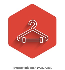 White line Hanger wardrobe icon isolated with long shadow background. Cloakroom icon. Clothes service symbol. Laundry hanger sign. Red hexagon button. Vector