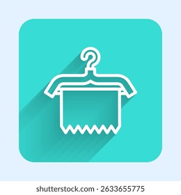 White line Hanger wardrobe icon isolated with long shadow. Clean towel sign. Cloakroom icon. Clothes service symbol. Laundry hanger. Green square button. Vector