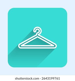 White line Hanger wardrobe icon isolated with long shadow. Cloakroom icon. Clothes service symbol. Laundry hanger sign. Green square button. Vector Illustration