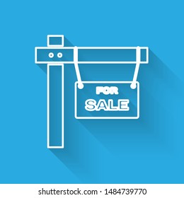 White line Hanging sign with text For Sale icon isolated with long shadow. Signboard with text For Sale.  Vector Illustration