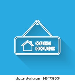 White line Hanging sign with text Open house icon isolated with long shadow. Signboard with text Open house.  Vector Illustration