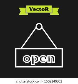 White line Hanging sign with text Open door icon isolated on black background.  Vector Illustration