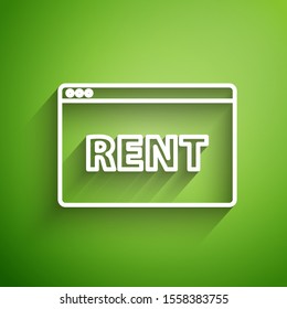 White line Hanging sign with text Online Rent icon isolated on green background. Signboard with text Rent.  Vector Illustration