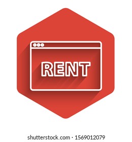 White line Hanging sign with text Online Rent icon isolated with long shadow. Signboard with text Rent. Red hexagon button. Vector Illustration