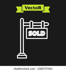 White line Hanging sign with text Sold icon isolated on black background. Sold sticker. Sold signboard.  Vector Illustration