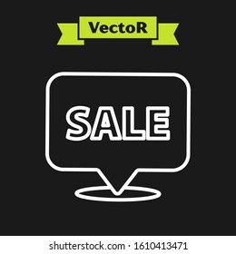 White line Hanging sign with text Sale icon isolated on black background. Signboard with text Sale.  Vector Illustration