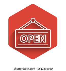 White line Hanging sign with text Open door icon isolated with long shadow. Red hexagon button. Vector Illustration