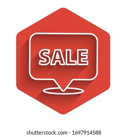 White line Hanging sign with text Sale icon isolated with long shadow. Signboard with text Sale. Red hexagon button. Vector Illustration
