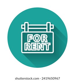 White line Hanging sign with text For Rent icon isolated with long shadow. Signboard with text For Rent. Green circle button. Vector