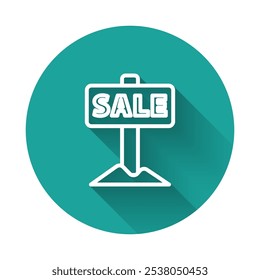 White line Hanging sign with text Sale icon isolated with long shadow. Signboard with text Sale. Green circle button. Vector