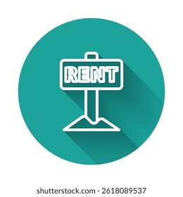 White line Hanging sign with text Rent icon isolated with long shadow. Signboard with text For Rent. Green circle button. Vector
