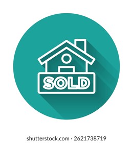 White line Hanging sign with text Sold icon isolated with long shadow background. Sold sticker. Sold signboard. Green circle button. Vector