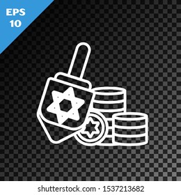 White line Hanukkah dreidel and coin icon isolated on transparent dark background.  Vector Illustration