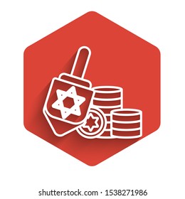 White line Hanukkah dreidel and coin icon isolated with long shadow. Red hexagon button. Vector Illustration