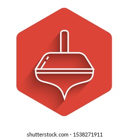 White line Hanukkah dreidel icon isolated with long shadow. Red hexagon button. Vector Illustration
