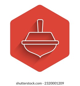 White line Hanukkah dreidel icon isolated with long shadow. Red hexagon button. Vector