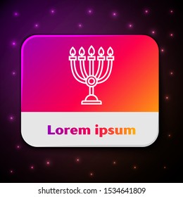 White line Hanukkah menorah icon isolated on black background. Hanukkah traditional symbol. Holiday religion, jewish festival of Lights. Rectangle color button. Vector Illustration