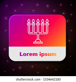 White line Hanukkah menorah icon isolated on black background. Hanukkah traditional symbol. Holiday religion, jewish festival of Lights. Rectangle color button. Vector Illustration