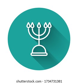 White line Hanukkah menorah icon isolated with long shadow. Hanukkah traditional symbol. Holiday religion, jewish festival of Lights. Green circle button. Vector Illustration