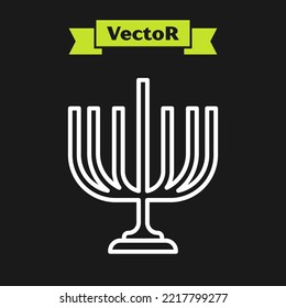 White line Hanukkah menorah icon isolated on black background. Hanukkah traditional symbol. Holiday religion, jewish festival of Lights.  Vector