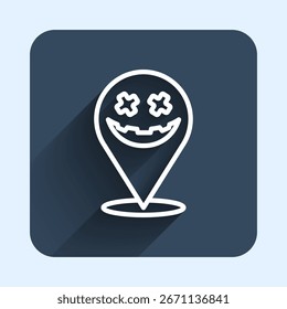 Icono feliz de la línea blanca de las vacaciones de Halloween aislado con el fondo largo de la sombra. Botón cuadrado azul. Vector