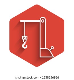 White line Harbor port crane icon isolated with long shadow. Cargo crane tower. Red hexagon button. Vector Illustration