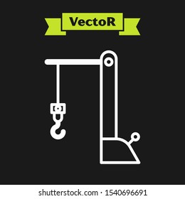 White line Harbor port crane icon isolated on black background. Cargo crane tower.  Vector Illustration