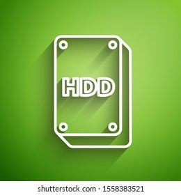 White line Hard disk drive HDD icon isolated on green background.  Vector Illustration