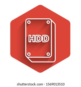 White line Hard disk drive HDD icon isolated with long shadow. Red hexagon button. Vector Illustration