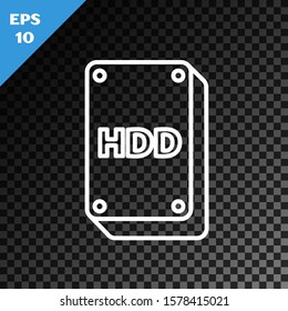 White line Hard disk drive HDD icon isolated on transparent dark background.  Vector Illustration