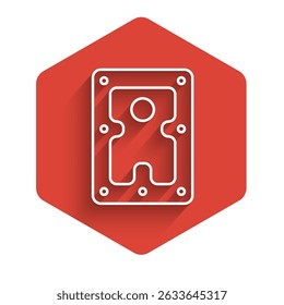 White line Hard disk drive HDD icon isolated with long shadow background. Red hexagon button. Vector