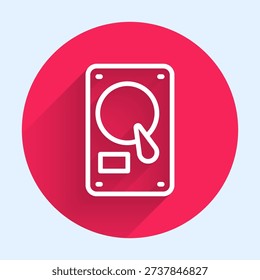White line Hard disk drive HDD icon isolated with long shadow. Red circle button. Vector Illustration