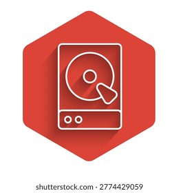 White line Hard disk drive HDD icon isolated with long shadow background. Red hexagon button. Vector