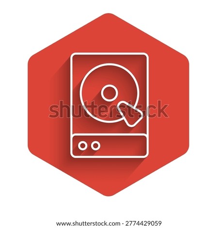 White line Hard disk drive HDD icon isolated with long shadow background. Red hexagon button. Vector