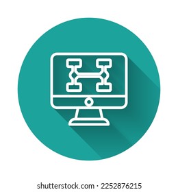 Línea blanca Estado de diagnóstico de hardware del icono del coche aislado con fondo de sombra larga. Servicio de coches y piezas de reparación. Botón Círculo verde. Vector