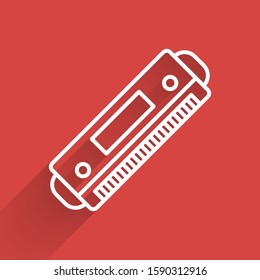 White line Harmonica icon isolated with long shadow. Musical instrument.  Vector Illustration